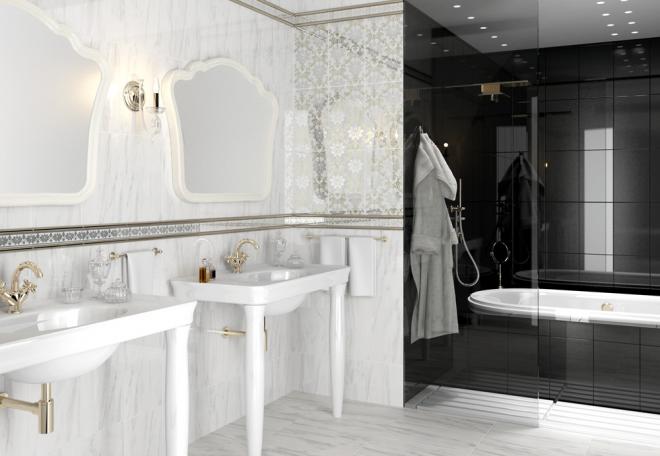 Дизайн ванной комнаты черно белой панелей (59 фото)