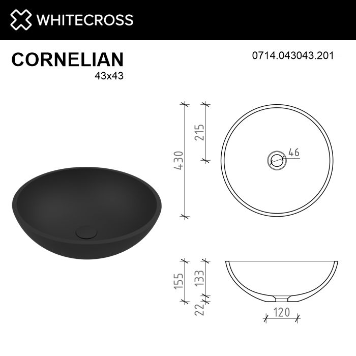 Раковина Whitecross Cornelian 43 см 0714.043043.201 матовая черная