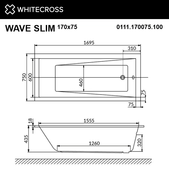 Акриловая ванна 170х75 см Whitecross Wave Slim 0111.170075.100 белая