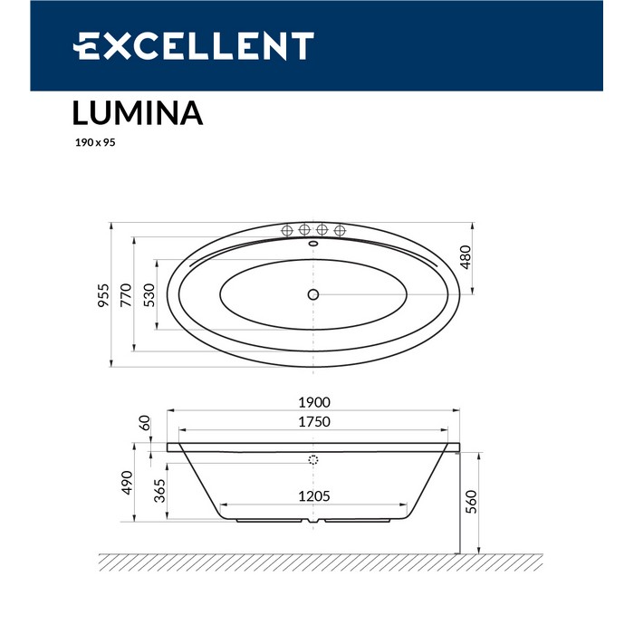 Акриловая ванна 190х95 см Excellent Lumina WAEX.LUM19.LINENANO.GL белая