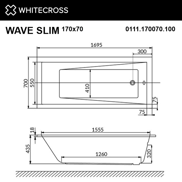 Акриловая ванна 170х70 см Whitecross Wave Slim Smart Nano 0111.170070.100.SMARTNANO.CR с гидромассажем