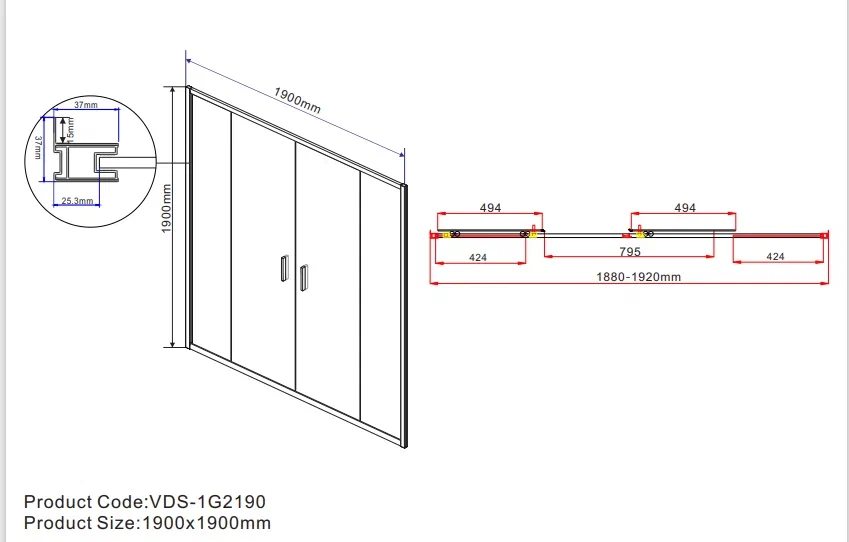 Душевая дверь Vincea Garda 190x190 см, VDS-1G2190CL, профиль хром, стекло прозрачное - 8 изображение