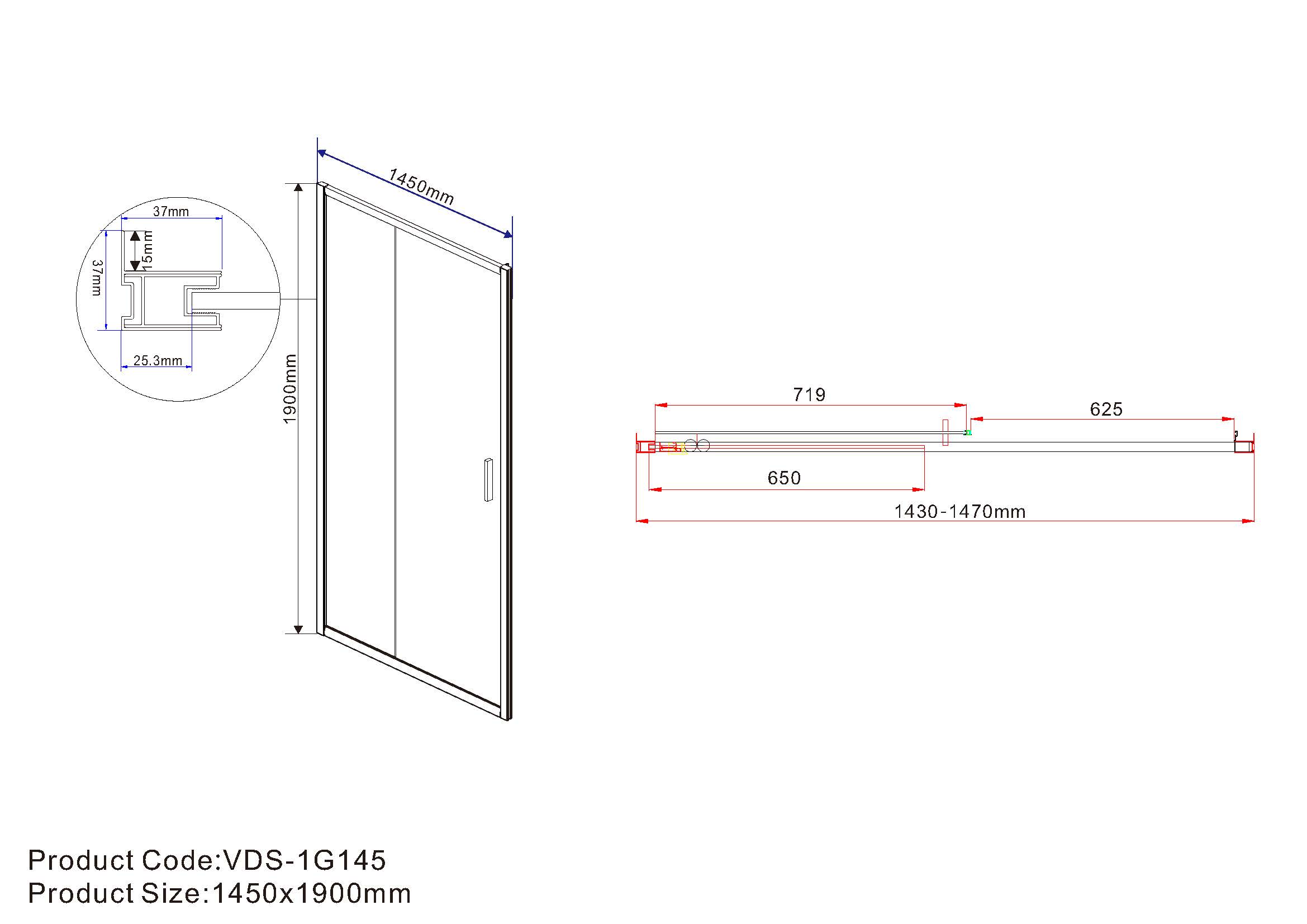 Душевая дверь Vincea Garda 145х190 VDS-1G145CLB, профиль черный, стекло прозрачное