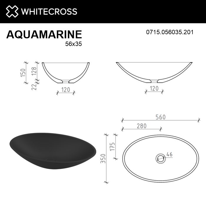 Раковина Whitecross Aquamarine 56 см 0715.056035.201 матовая черная