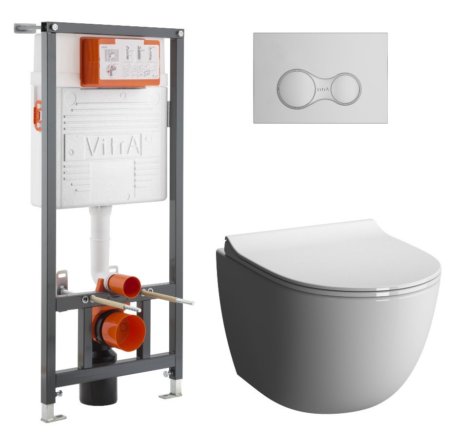 Комплект безободкового унитаза VitrA Sento Hygiene 9830B003-7207, кнопка глянцевый хром 