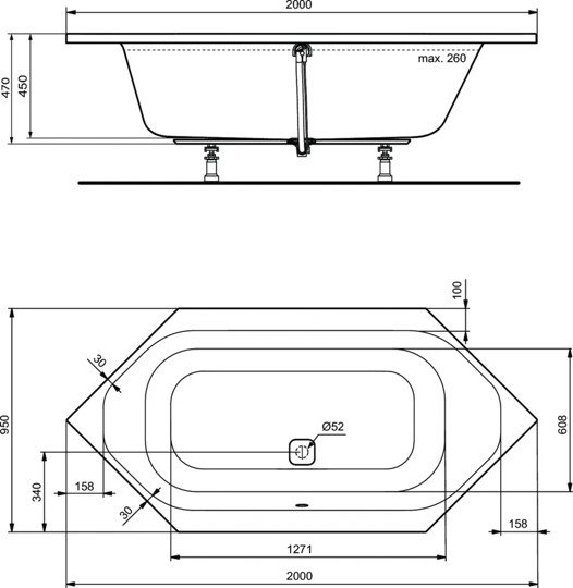 Шестиугольная встраиваемая акриловая ванна 200X100 см Ideal Standard K747001 TONIC II