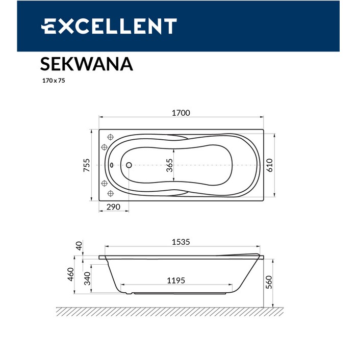 Акриловая ванна 170х75 см Excellent Sekwana WAEX.SEK17.LINENANO.GL белая