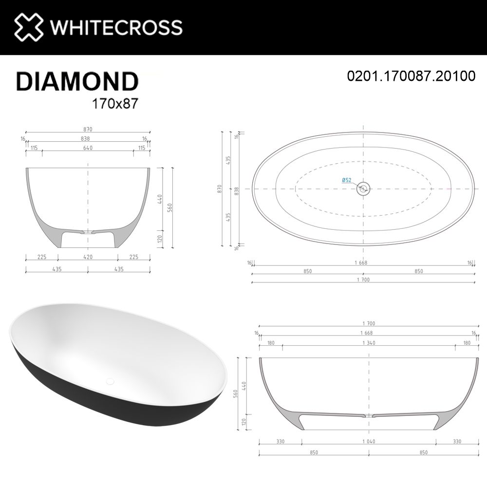 Ванна из искусственного камня 170х87 см Whitecross Diamond 0201.170087.20100 матовая черно-белая