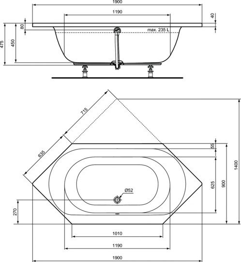 Встраиваемая акриловая шестиугольная ванна 180х90 см Ideal Standard E106901 CONNECT AIR