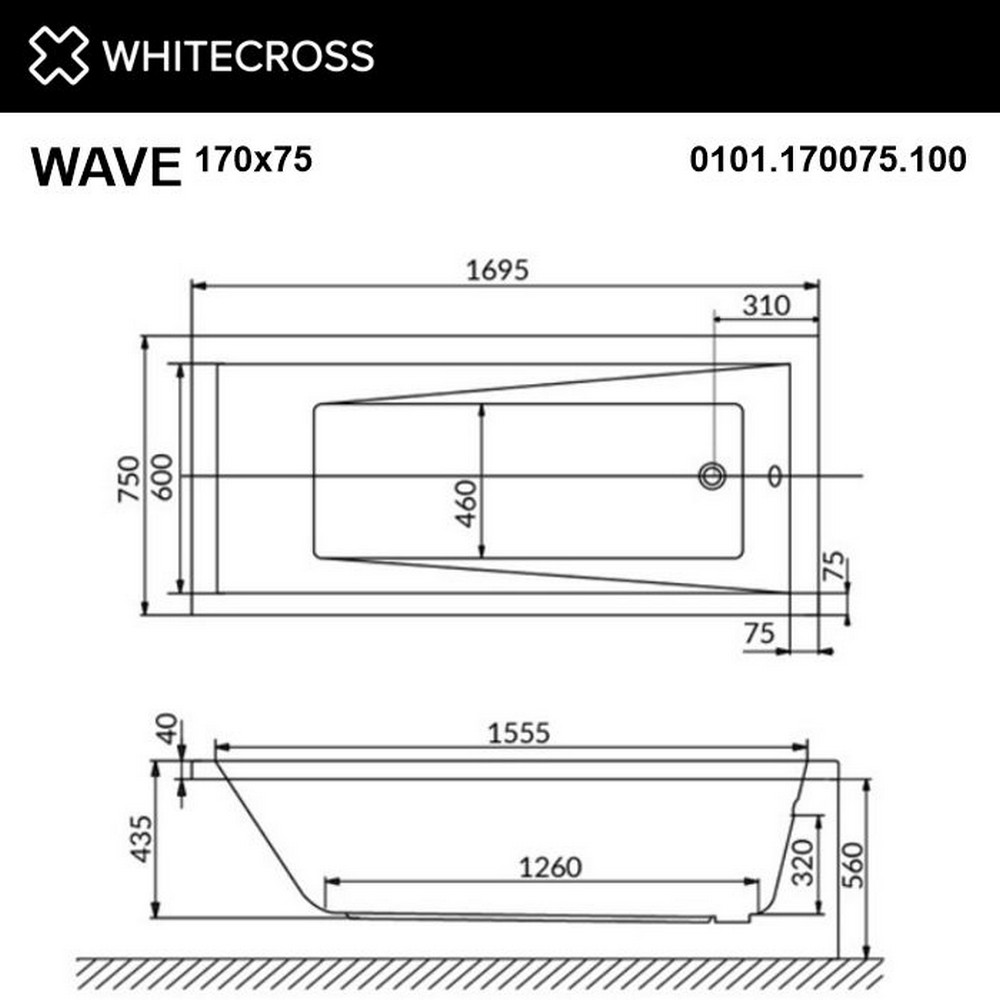 Акриловая ванна 170х75 см Whitecross Wave Smart Nano 0101.170075.100.SMARTNANO.CR с гидромассажем