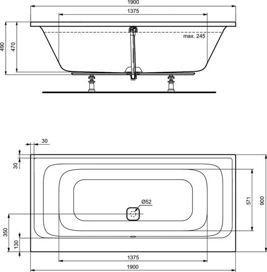 Прямоугольная встраиваемая акриловая ванна 190X90 см Ideal Standard K746501 TONIC II