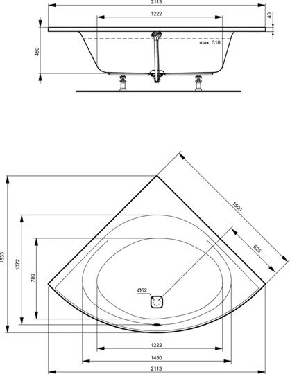 Угловая встраиваемая акриловая ванна 150X150 см Ideal Standard K746801 TONIC II