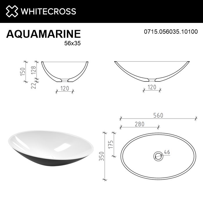 Раковина Whitecross Aquamarine 56 см 0715.056035.10100 глянцевая черно-белая