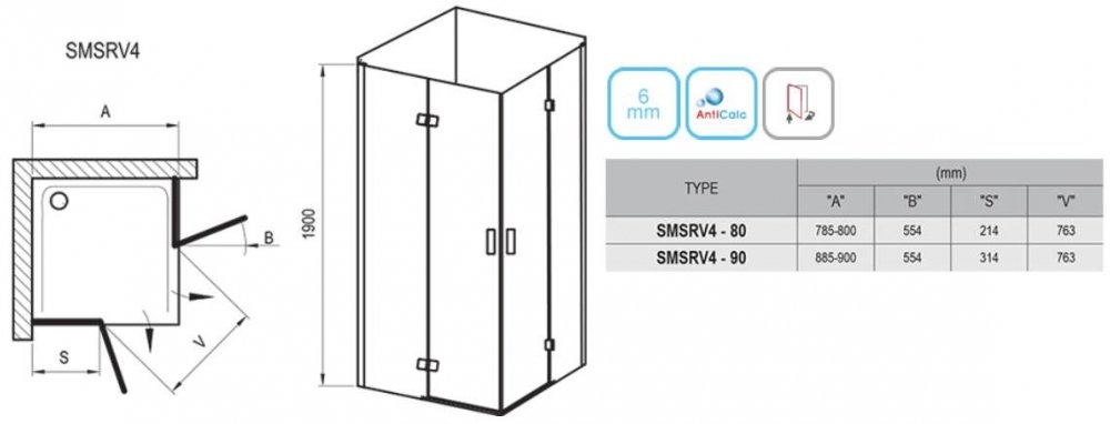 Душевой уголок Ravak Smartline SMSRV4-90 1SV77A00Z1 хром стекло прозрачное транспарент