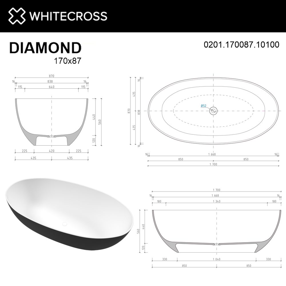 Ванна из искусственного камня 170х87 см Whitecross Diamond 0201.170087.10100 глянцевая черно-белая