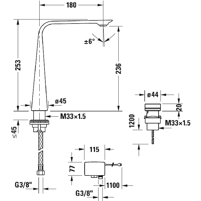 Смеситель Duravit D.1 D11110007046 для раковины высокий, электронный с питанием от батареи, черный матовый - изображение 2