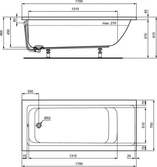 Встраиваемая акриловая прямоугольная ванна 170х75 см Ideal Standard E106401 CONNECT AIR