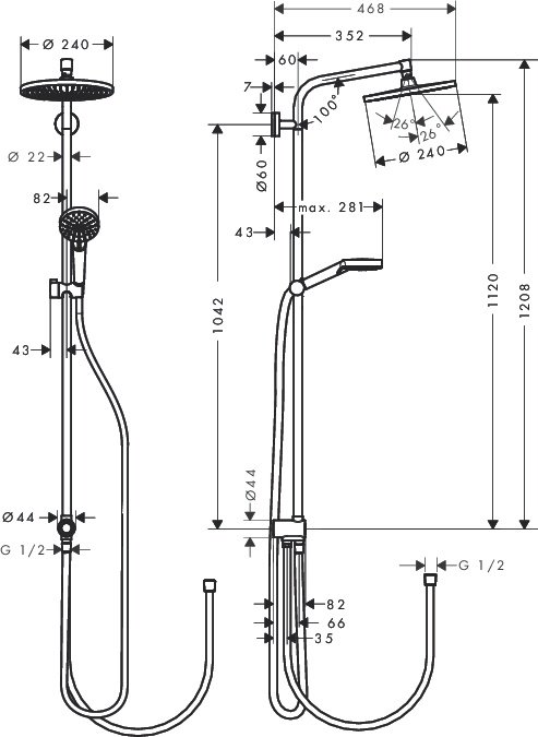 Душевая стойка Hansgrohe Crometta S 240 1jet Showerpipe Rеno 27270000 с верхним душем