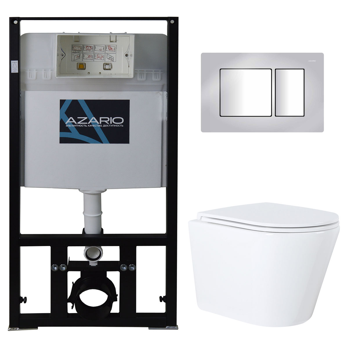 Комплект подвесной безободковый унитаз Azario Teramo AZ-8010-1000+AZ-8200-0031+AZ-0053 с микролифтом + система инсталляции с кнопкой смыва хром глянцевый 