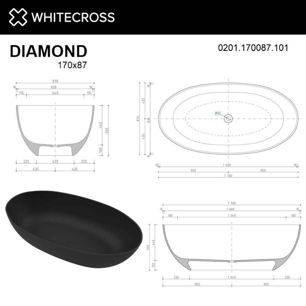 Ванна из искусственного камня 170х87 см Whitecross Diamond 0201.170087.101 глянцевая черная
