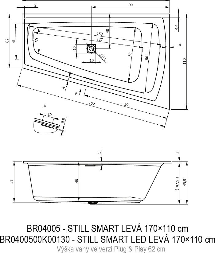 Акриловая ванна Riho Still Smart 170x110 см L Plug&Play