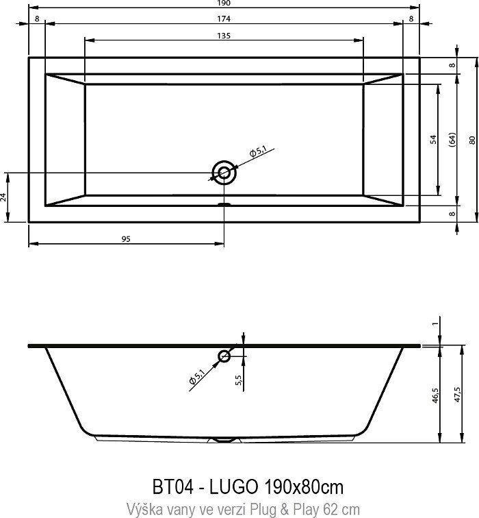 Акриловая ванна Riho Lugo 190x80 см R Plug&Play