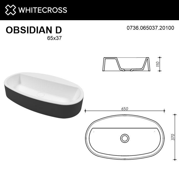 Раковина Whitecross Obsidian 65 см 0736.065037.20100 матовая черно-белая
