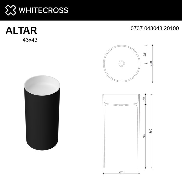 Раковина Whitecross Altar 43 см 0737.043043.20100 матовая черно-белая