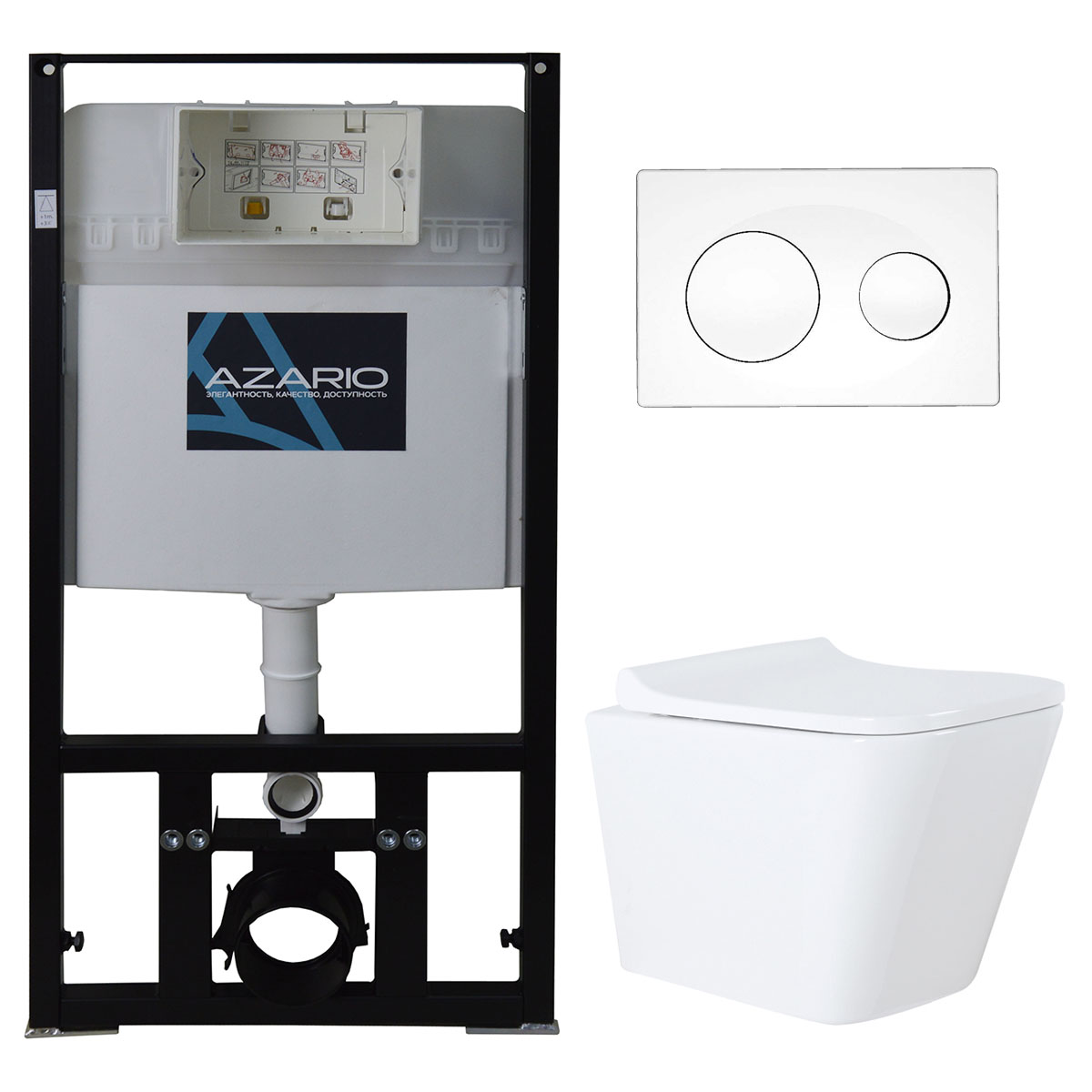 Комплект подвесной безободковый унитаз Azario Teramo AZ-8010-1000+AZ-8200-0012+AZ-0052 с микролифтом + система инсталляции с кнопкой смыва белый глянцевый 