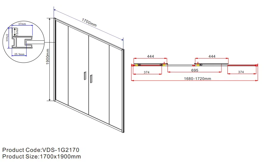 Душевая дверь Vincea Garda 170x190 см, VDS-1G2170CL, профиль хром, стекло прозрачное - 8 изображение