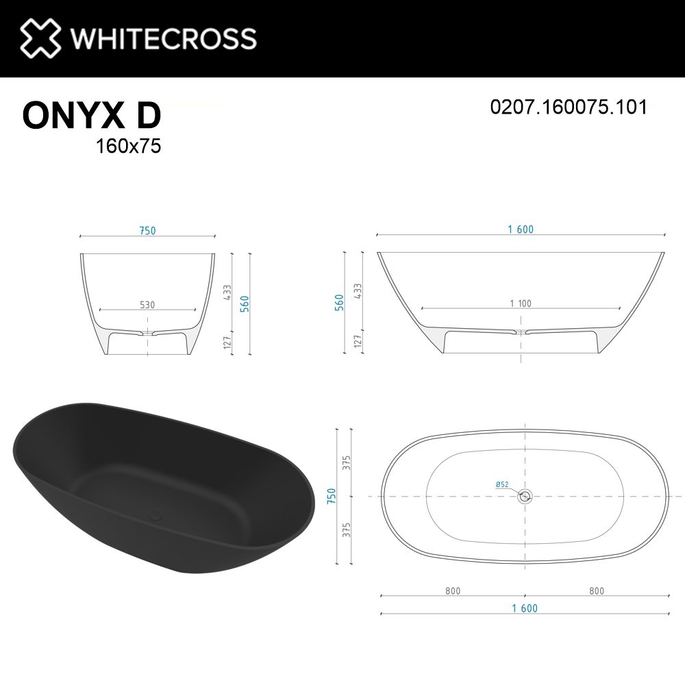 Ванна из искусственного камня 160х75 см Whitecross Onyx D 0207.160075.101 глянцевая черная