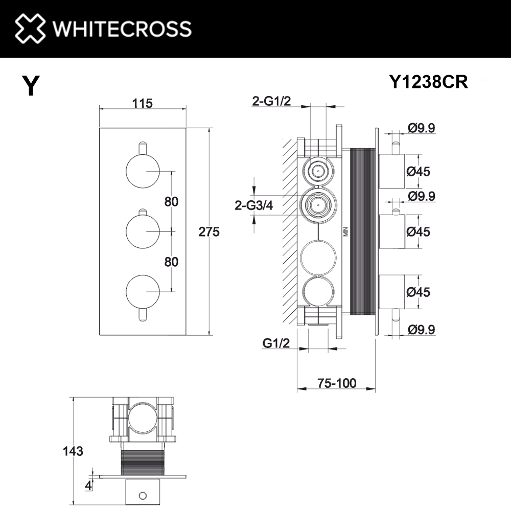 Термостат для душа Whitecross Y chrome Y1238CR хром глянец, на 3 потребителя