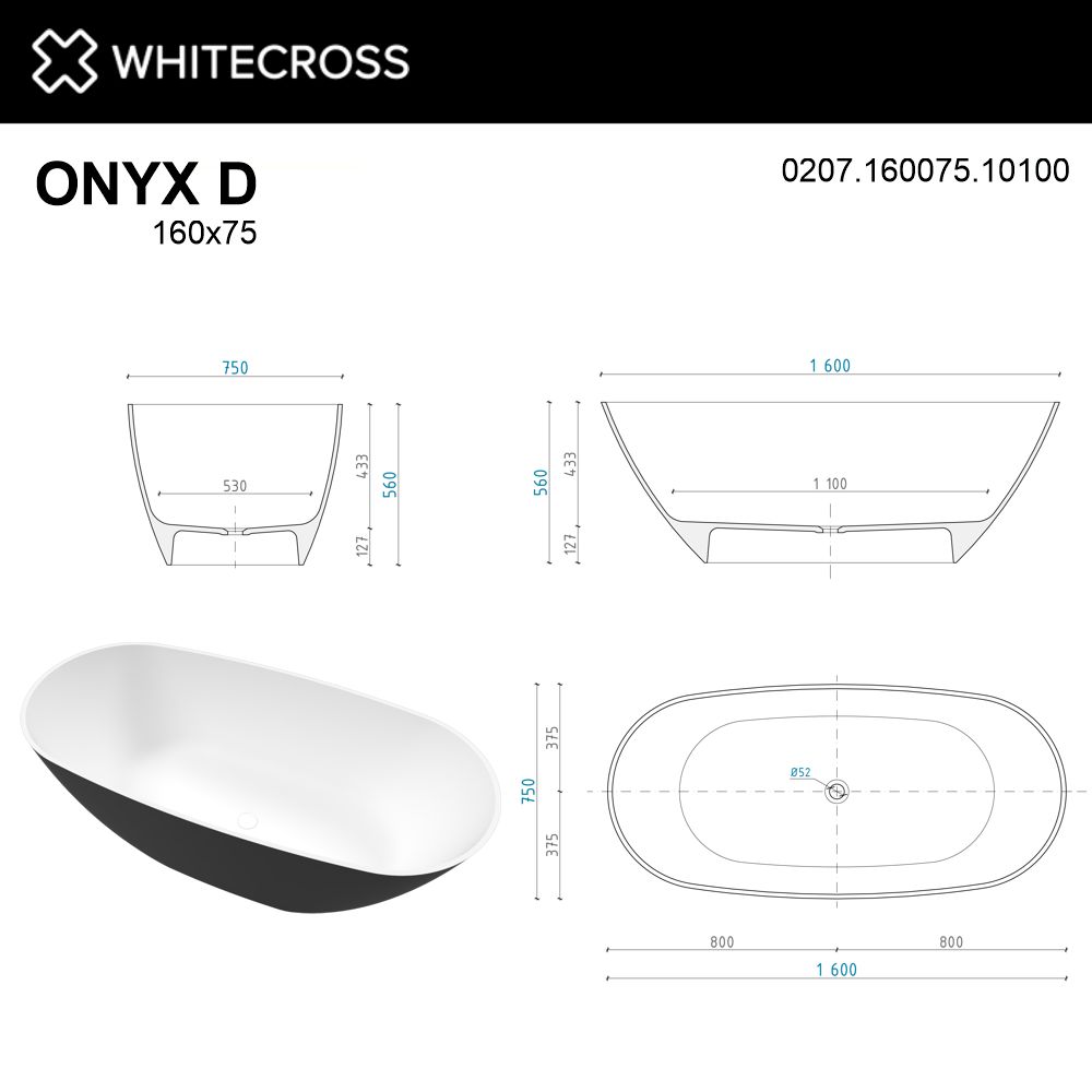 Ванна из искусственного камня 160х75 см Whitecross Onyx D 0207.160075.10100 глянцевая черно-белая