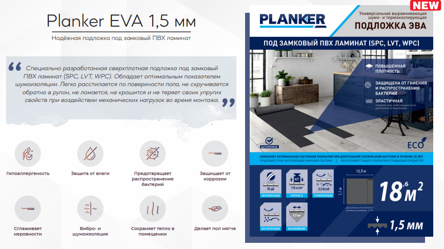Подложка Planker IXPE BLUE в рулоне, 1,5мм для SPC