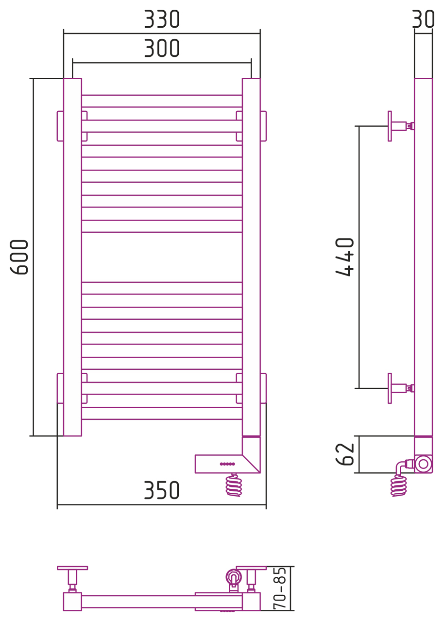 Полотенцесушитель электрический Сунержа Модус 2.0 60х30 см 00-5601-6030 без покрытия
