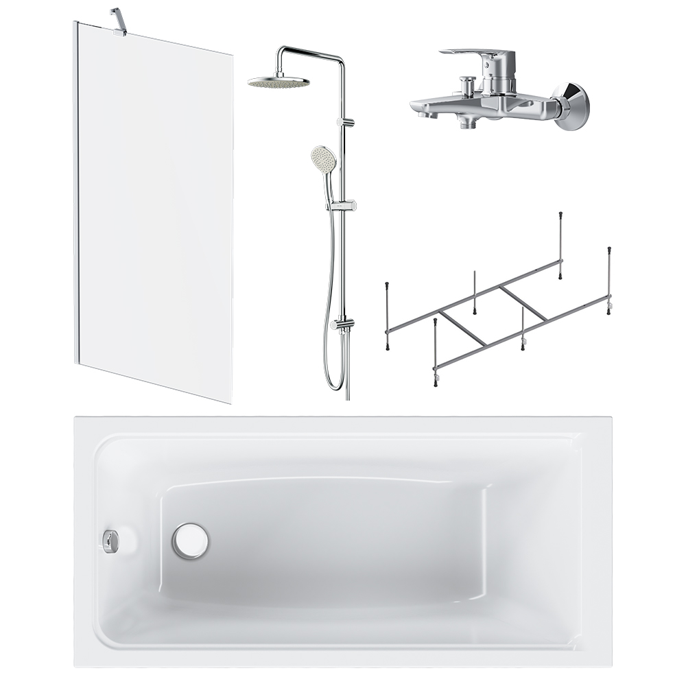 Набор Am.Pm Gem: Ванна 150x70 см с каркасом и шторкой, душевая система со смесителем для ванны и душа, W90ASET-150D8