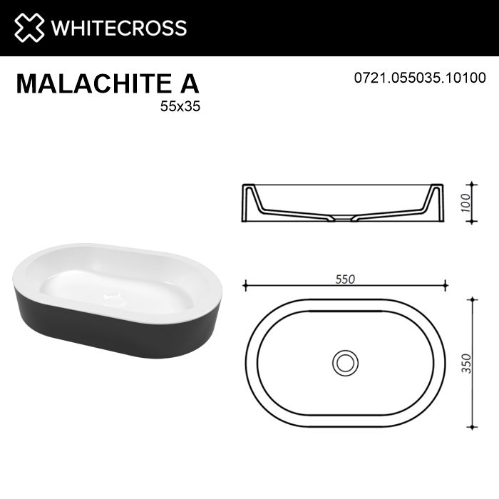 Раковина Whitecross Malachite 55 см 0721.055035.10100 глянцевая черно-белая
