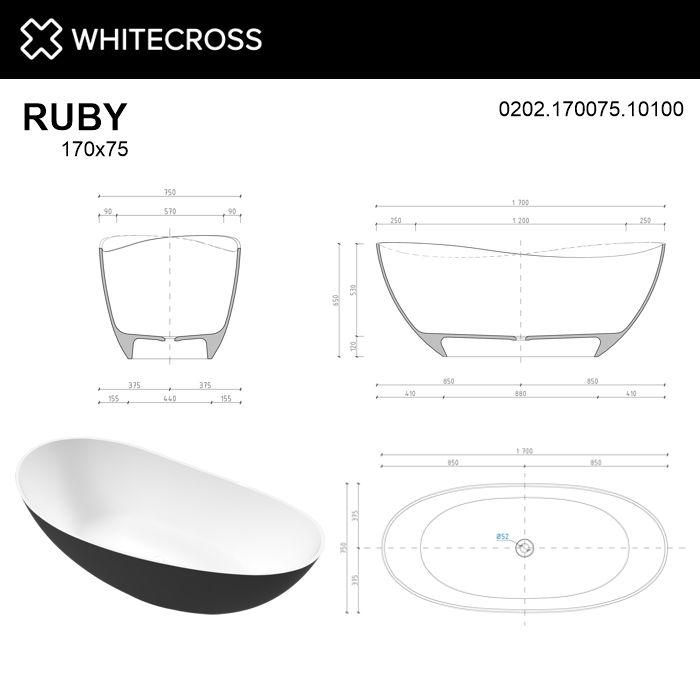 Ванна из искусственного камня 170х75 см Whitecross Ruby 0202.170075.10100 глянцевая черно-белая
