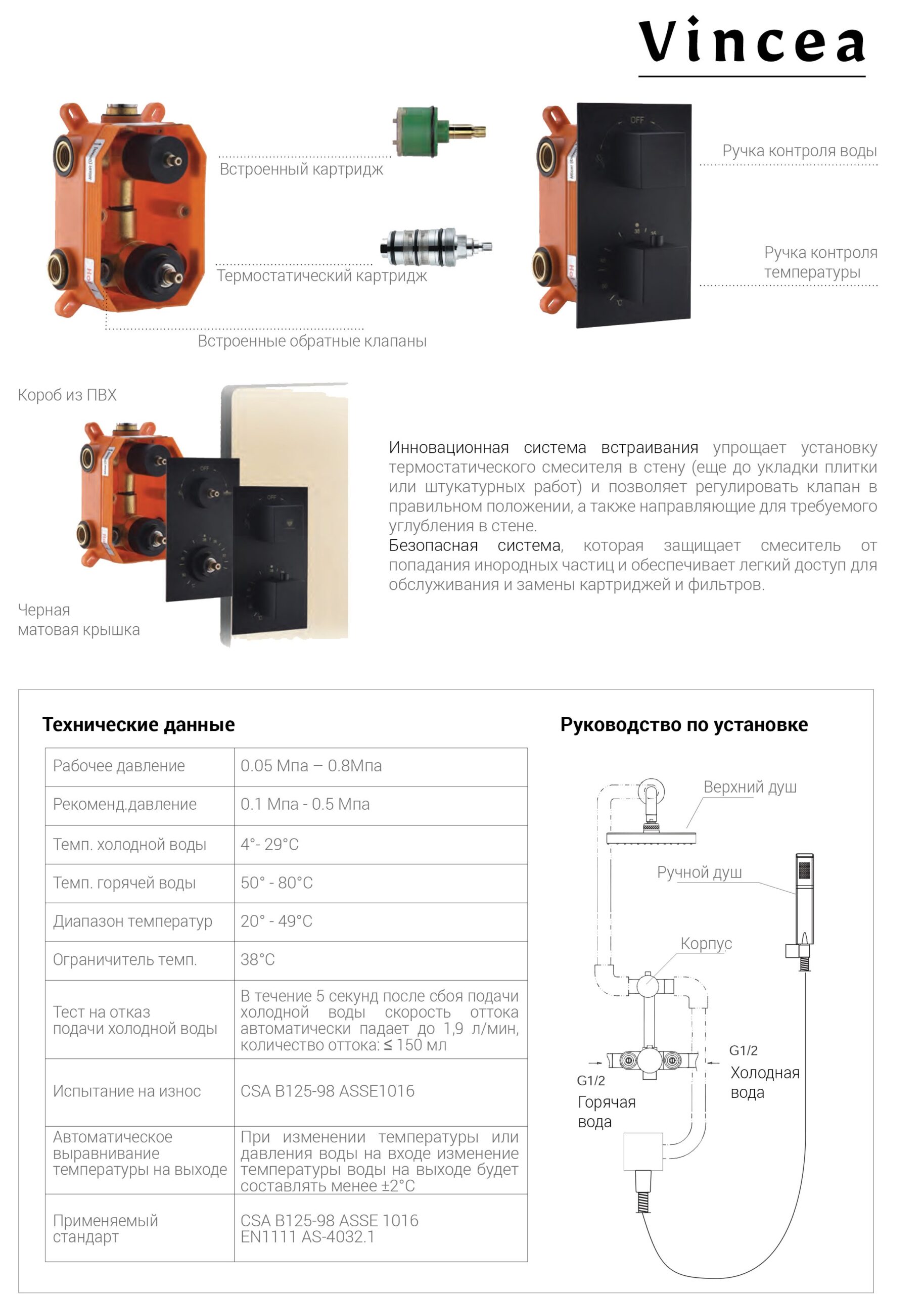 Душевой комплект Vincea VSFW-104TCH термостатический встраиваемый, двухрежимный, хром