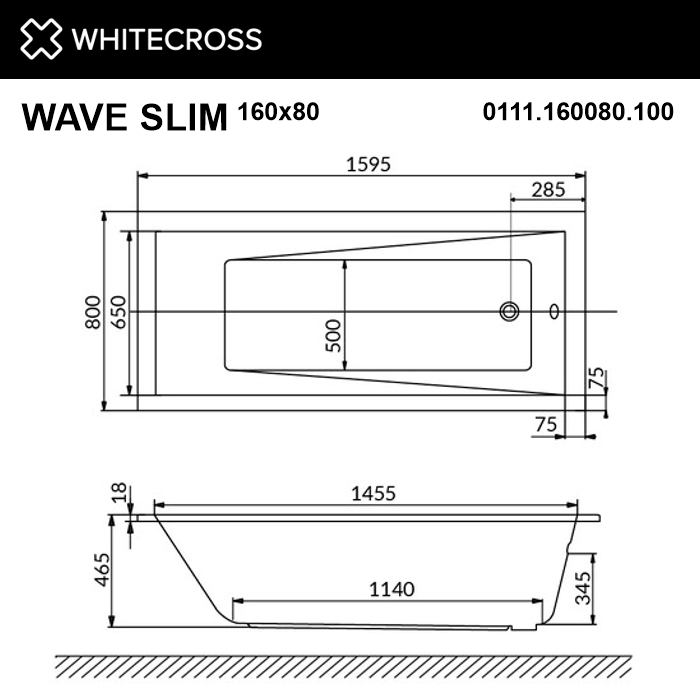 Акриловая ванна 160х80 см Whitecross Wave 0111.160080.100.LINENANO.GL белая