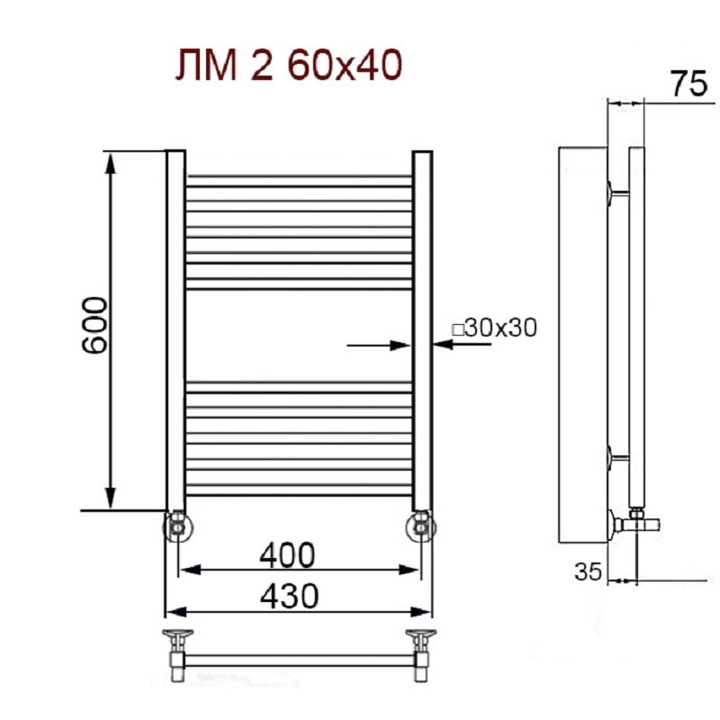 Полотенцесушитель водяной Nika Modern ЛМ-2 60/40 с вентилями