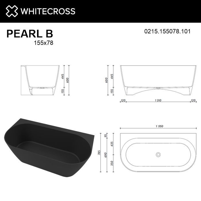 Ванна из искусственного камня 155х78 см Whitecross Pearl B 0215.155078.101 глянцевая черная