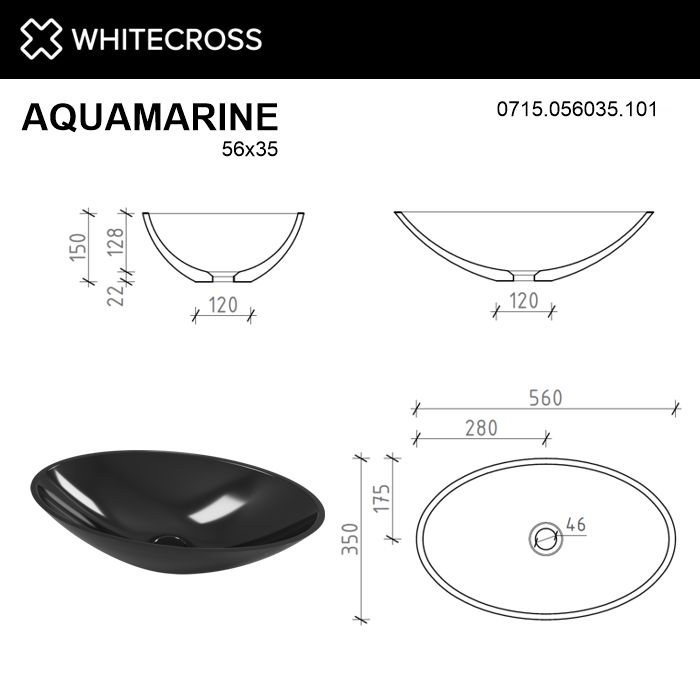 Раковина Whitecross Aquamarine 56 см 0715.056035.101 глянцевая черная