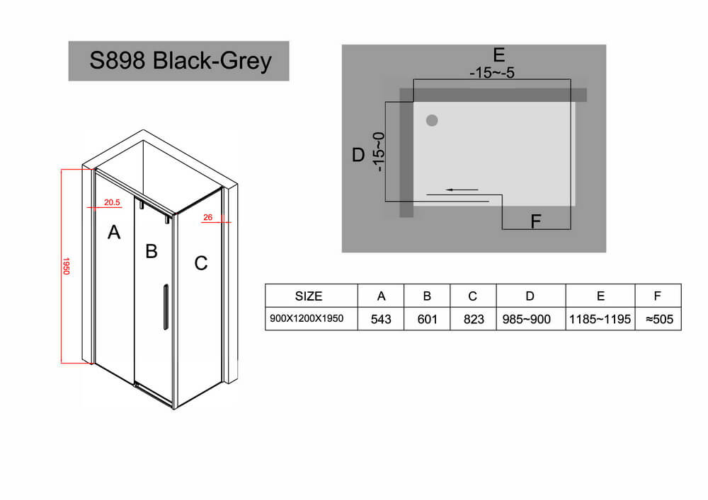 Душевой уголок Black&White Stellar Wind S898 Black-Grey 900х1200, 8989012