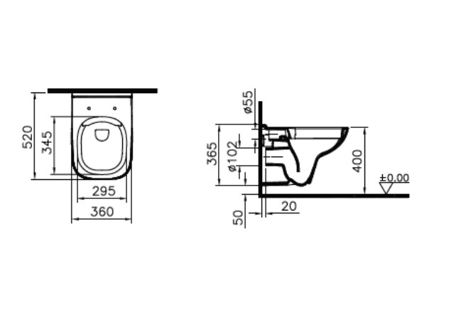 Комплект унитаз безободковый подвесной VitrA S20  +  крышка-сиденье с микролифтом  +  инсталляция  +  кнопка смыва 9004B003-7207
