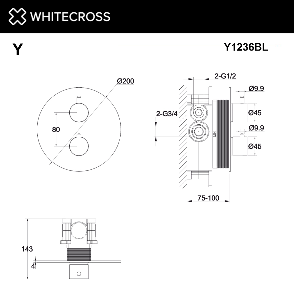 Термостат для душа Whitecross Y black Y1236BL матовый черный, на 2 потребителя