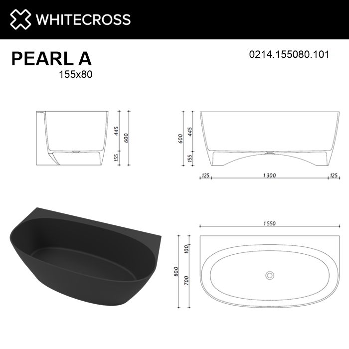 Ванна из искусственного камня 155х80 см Whitecross Pearl A 0214.155080.101 глянцевая черная