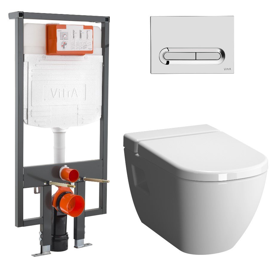 Комплект безободкового унитаза VitrA D-Light Hygiene, 9014B003-7211, кнопка глянцевый хром 