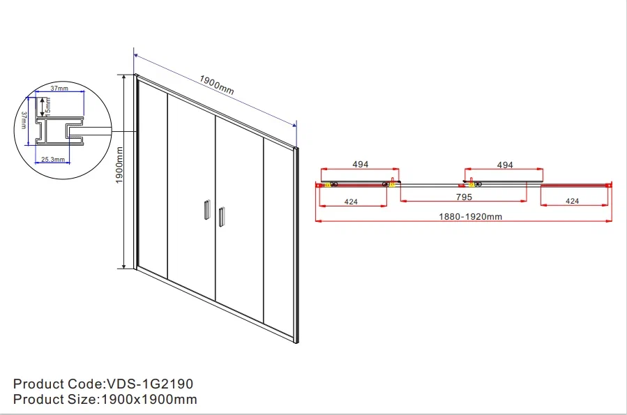 Душевая дверь Vincea Garda 200x190 см, VDS-1G2200CL, профиль хром, стекло прозрачное - 8 изображение