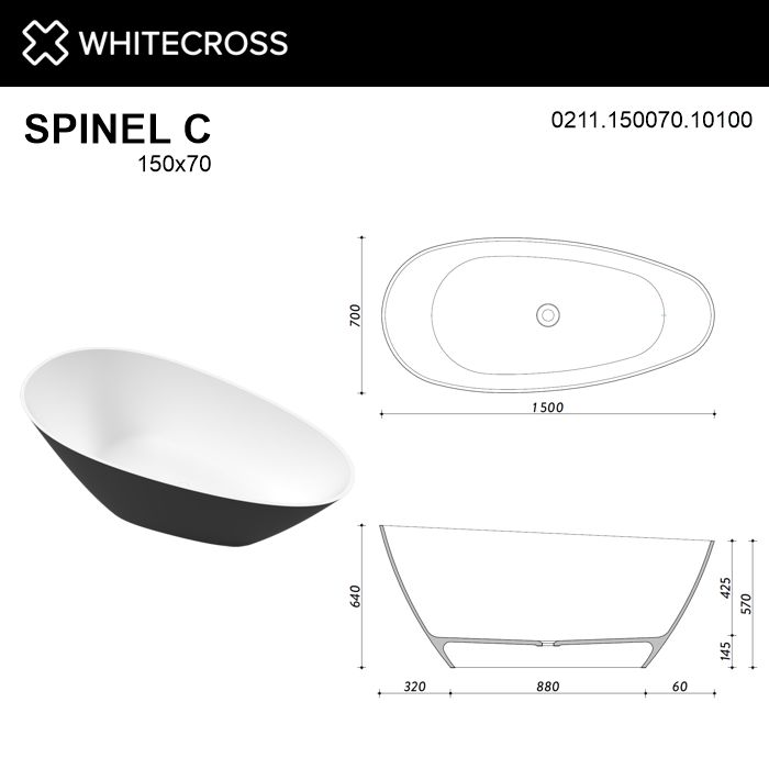Ванна из искусственного камня 150х70 см Whitecross Spinel C 0211.150070.10100 глянцевая черно-белая